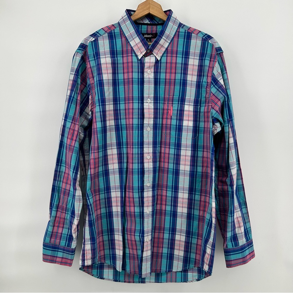 Johnnie-O Shirt Mens XL Plaid Button Up Cotton Preppy Casual Beach Logo Coastal